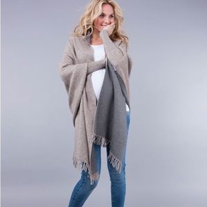 Seraphine Reversible Fringe Wrap Cape in Beige and Gray